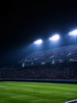 Floodlit Stadium football wallpaper, 3840 by 1920 pixels (AI-generated image)