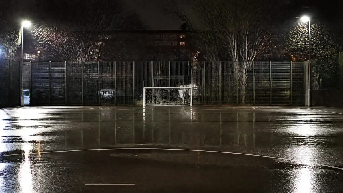 Cage Pitch, Ultrawide football wallpaper (AI-generated image)